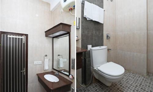 two pictures of a bathroom with a toilet and a sink at Hotel Dreamz Residency in Karnāl