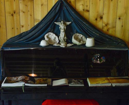 a shelf with a statue of a goat and books at BioAgriturismo Vegan Campo di Cielo in Cesiomaggiore