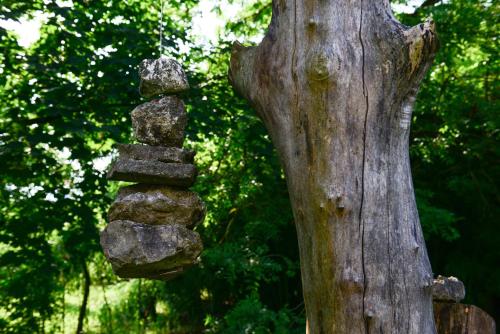 a stack of rocks on the side of a tree at BioAgriturismo Vegan Campo di Cielo in Cesiomaggiore