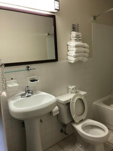 a bathroom with a sink and a toilet and a mirror at Americas Best Value Inn - Palmyra/Hershey in Palmyra