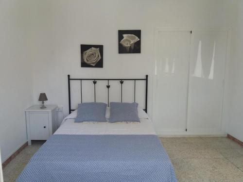 een bed met twee blauwe kussens in een slaapkamer bij Casa Restinga in La Restinga