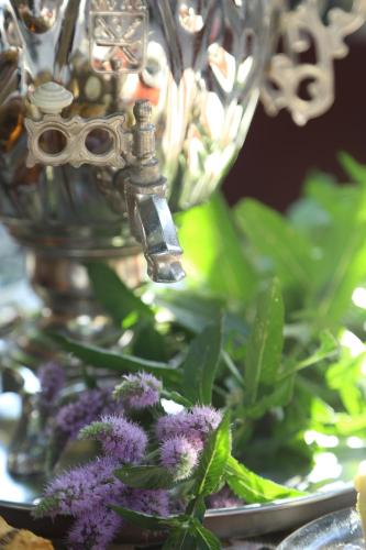 a glass vase with a bunch of purple flowers at Guest House David's B&B in Gyumri