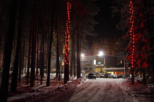 a street at night with christmas lights on trees at Kubija Hotel and NatureSpa in Võru