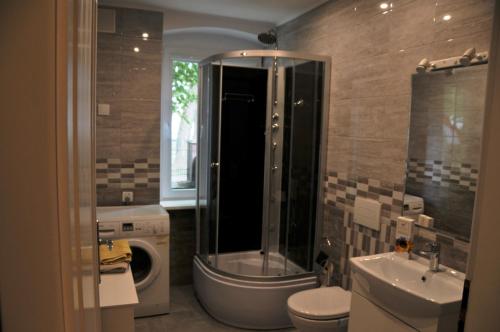a bathroom with a shower and a toilet and a sink at Apartamenty Centrum Słupsk in Słupsk