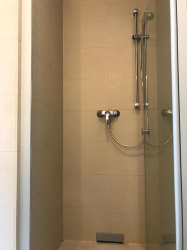 a shower with a glass door in a bathroom at Hinterhaus Apartments in Leipzig