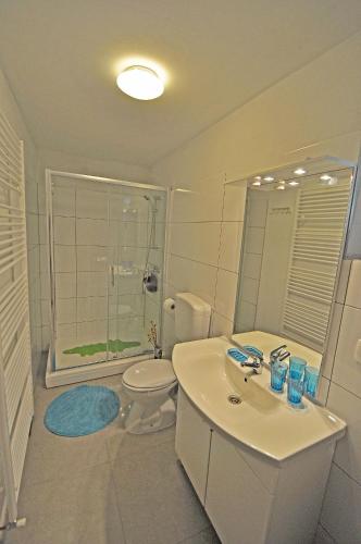 a bathroom with a toilet and a sink and a shower at Apartment Dva Oriha in Funtana