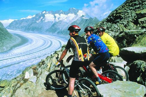 a group of people riding bikes on a mountain at Badehotel Salina Maris – Wellness & Vintage in Mörel