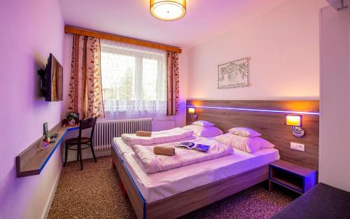 ein Schlafzimmer mit einem großen Bett und einem Schreibtisch in der Unterkunft Guesthouse Cyprian in Ždiar