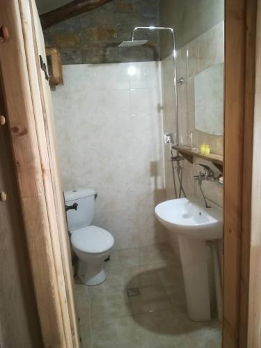 a bathroom with a white toilet and a sink at Скендерова Къща Къщичка Алиса in Leshten