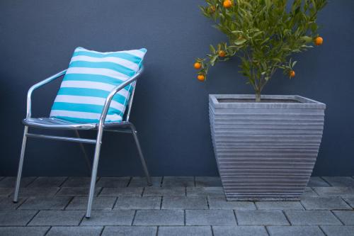 a chair with a pillow and a potted plant at Boulevard Waters in Taupo