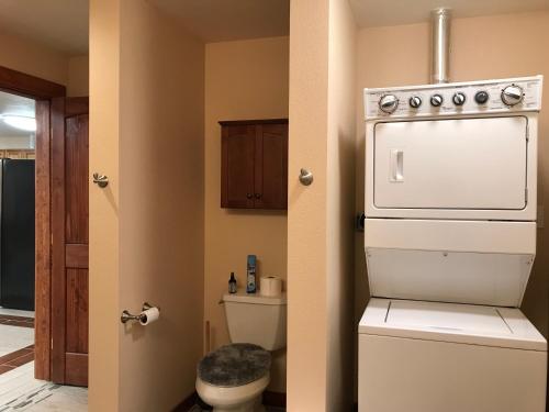 a small bathroom with a toilet and a refrigerator at Delta Dome Home Basement Apartment in Delta Junction