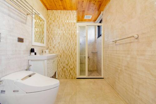 a bathroom with a white toilet and a shower at Hliweng B&B in Yilan City