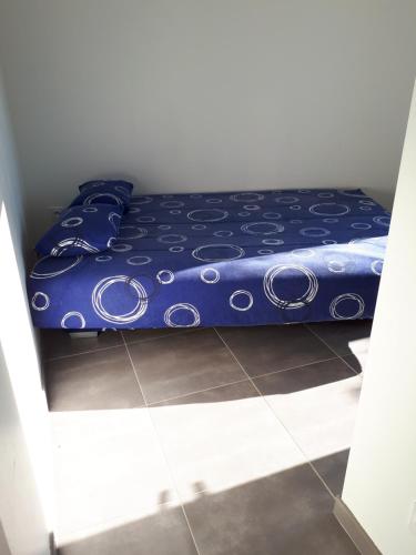 カップ・ダグドにあるle cube cassiopéeの青い掛け布団付きのベッド1台