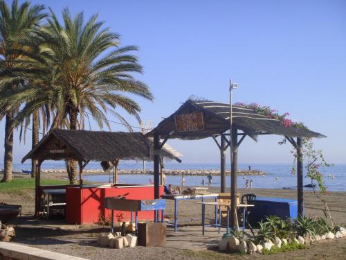 a pavilion on a beach with palm trees and the ocean at Apartamentos casa Tia Antonia in Málaga