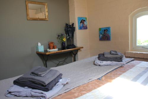 een slaapkamer met een bed met handdoeken erop bij B&B Buitenwaard in Oosterhout