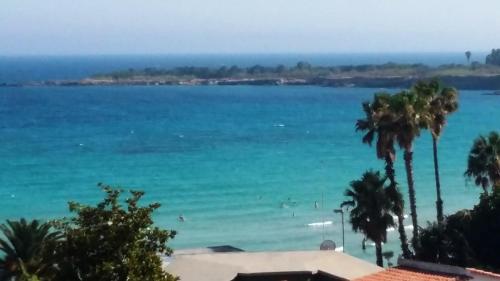 a view of a beach with palm trees and the ocean at Casa Roby 120 mt Beach in Fontane Bianche
