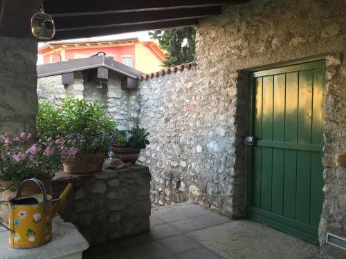 zielone drzwi na kamiennej ścianie z roślinami w obiekcie Casa Angela w mieście Toscolano Maderno