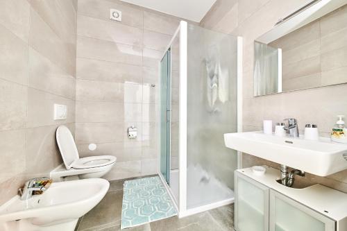 een badkamer met een toilet, een wastafel en een douche bij Ferienwohnung Sommer in Novigrad Istria