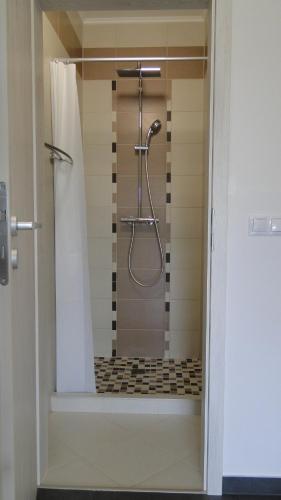 a shower in a bathroom with a shower curtain at LazaApartman in Nyíregyháza