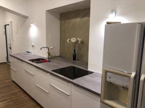 a kitchen with a sink and a refrigerator at Jure apartment in Ljubljana in Ljubljana