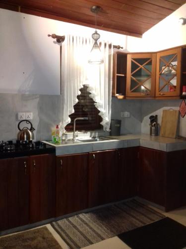 a kitchen with a sink and a christmas tree in the window at Mitrayu in Nugegoda