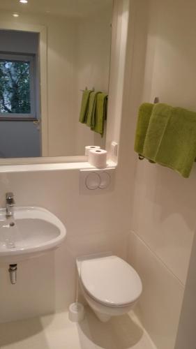 a white bathroom with a toilet and a sink at Delfin in Štúrovo