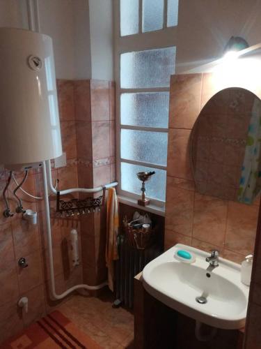 a bathroom with a sink and a mirror at Hársfák in Mezőkovácsháza