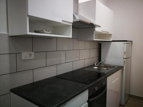 a kitchen with a black counter top and a refrigerator at Appartma Katja in Gabrovica pri Črnem Kalu