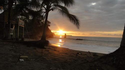 a sunset on a beach with palm trees and the ocean at Hosteria Cumilinche in Same