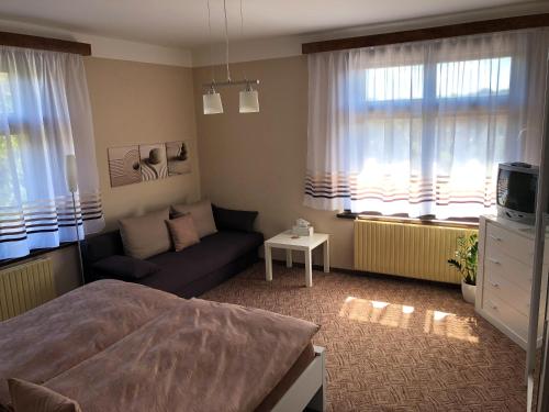 a bedroom with a bed and a couch and windows at Penzion Z&Z in Tábor