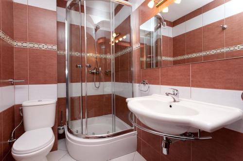 a bathroom with a toilet and a sink and a shower at Willa Rawia 2 in Rewal