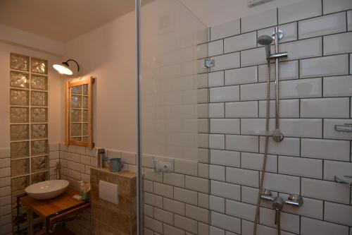 a bathroom with a sink and a glass shower at Mini Loft Apartman in Eger