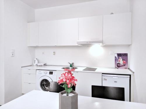cocina blanca con lavadora y fregadero en Brand new budget apartment next to Iaso and Oaka, en Atenas