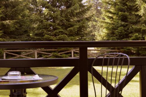 a table and chair on a balcony with trees at Northstar Ski Apartment in Mountain Lake Hotel in Pamporovo