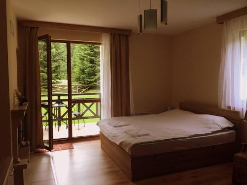 um quarto com uma cama e uma grande janela em Northstar Ski Apartment in Mountain Lake Hotel em Pamporovo