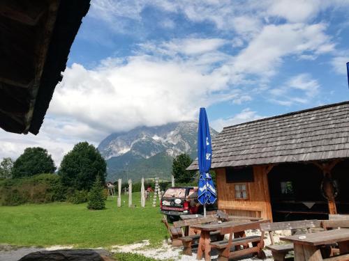 a building with a picnic table and a blue umbrella at Apartment Fewo Irdning Pichlarn in Aigen im Ennstal