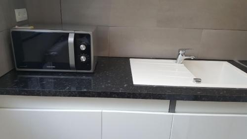 a microwave sitting on a counter next to a sink at Luxury Suite Lilas in Dijon