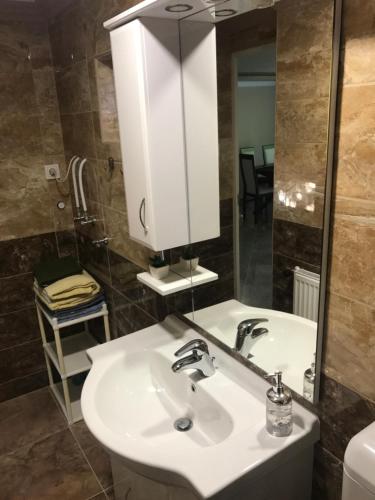 バラトンマーリアフュルドゥーにあるBalázs nyaralóházのバスルーム(白い洗面台、鏡付)