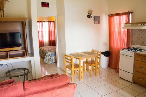 a living room with a couch and a table and a kitchen at Connie's Comfort Suites in Saint Johnʼs