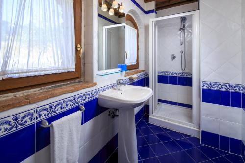 un bagno blu e bianco con lavandino e doccia di Agriturismo Fattoria di Sommaia a Calenzano