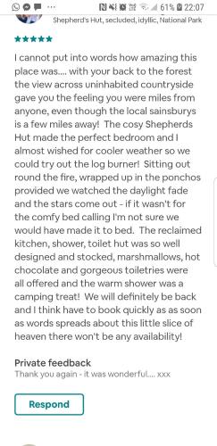 a screenshot of a text message on a cell phone at Beautiful, Secluded Shepherd's Hut in the National Park in Rake