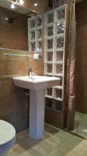 a bathroom with a white sink and a toilet at Osada pod Czerwonym Dębem - Czarny Młyn in Jastrzębia Góra