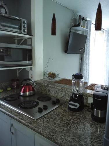 a kitchen with a stove and a blender on a counter at McFarlane's Place in Ocho Rios