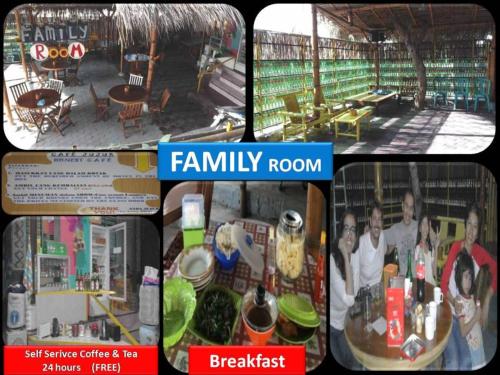 a collage of four pictures of a family room at Dasi Guesthouse in Ende