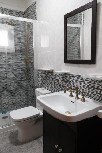 a bathroom with a sink and a toilet and a mirror at Arcipreste in Zamora