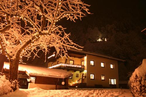a house at night with snow on the branches of a tree at Apartments Landhaus Sonnheim in Lofer