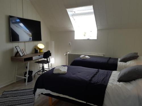 ヴィスビーにあるAlyhrs takvåning i Visbyのベッドルーム1室(ベッド2台、デスク、テレビ付)
