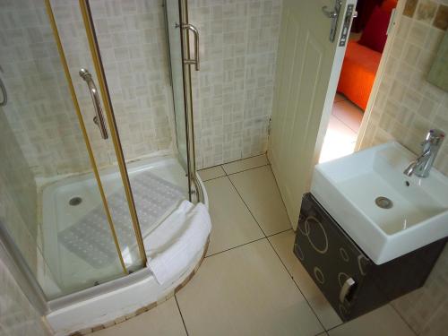 a bathroom with a shower and a sink at Comfort Palace Guest House Kasane in Kasane
