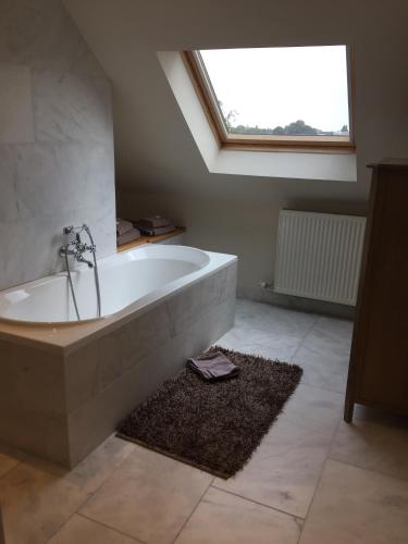 a bathroom with a large bath tub with a window at Hotel Royal Astrid in Aalst