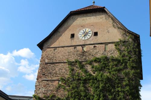 a building with a clock on the top of it at Gasthof 'Zum alten Turm' in Haslach an der Mühl